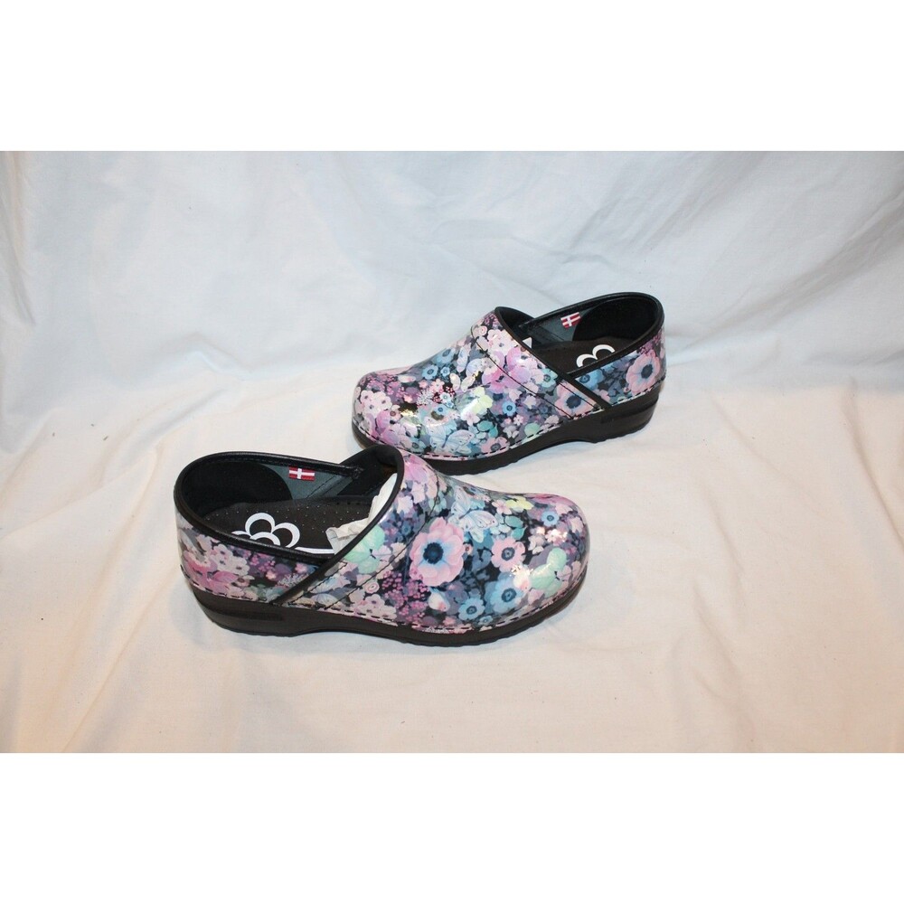 SANITA PATENT LEATHER SLIP ON FLORAL CLOGS PINK BLUE PURPLE BLACK SZ EU 38 - Picture 3 of 8